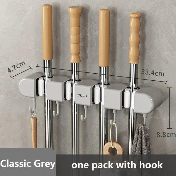 6 Slot & 6 Hook Wall Mounted Holder For Mop, Broom, Kitchen, Garden