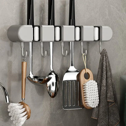 6 Slot & 6 Hook Wall Mounted Holder For Mop, Broom, Kitchen, Garden